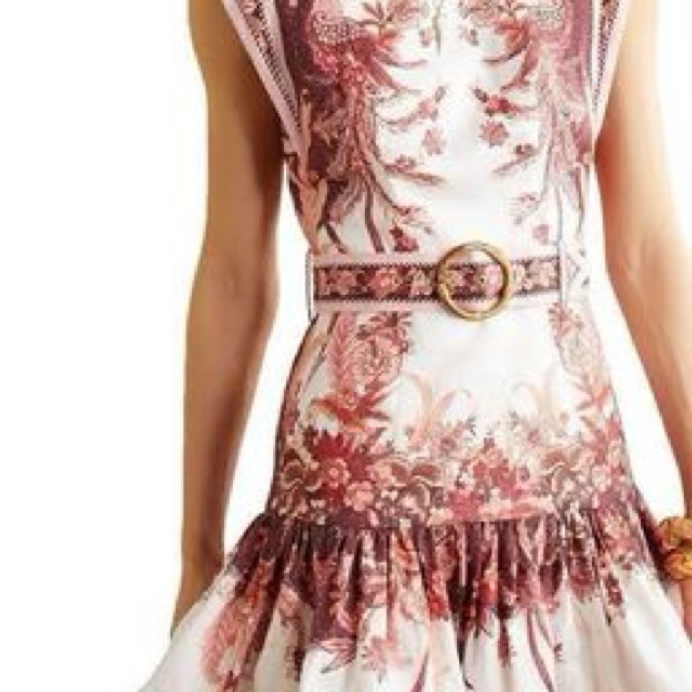 Zimmermann Pink Floral Belted Mini Dress with Gold Buckle